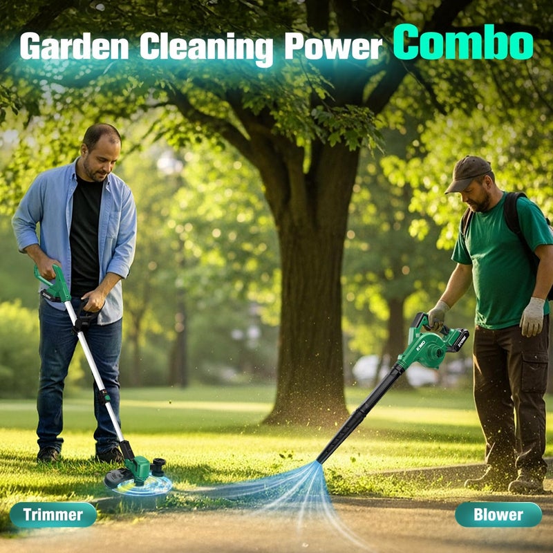 KIMO 20V Weed Wacker and Blower Combo w/2 x 2.0Ah Battery & Charger, 12 Inch String Trimmer w/10Pcs Cutting Lines, 4-in-1 Leaf Blower Cordless w/Vacuum, 3 Nozzles & 20" Extended Tube for Yard, Garden - Image 2